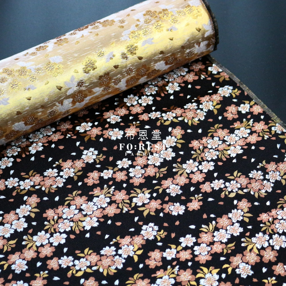 Gold Brocade - Flowing Sakura Fabric Black Polyester