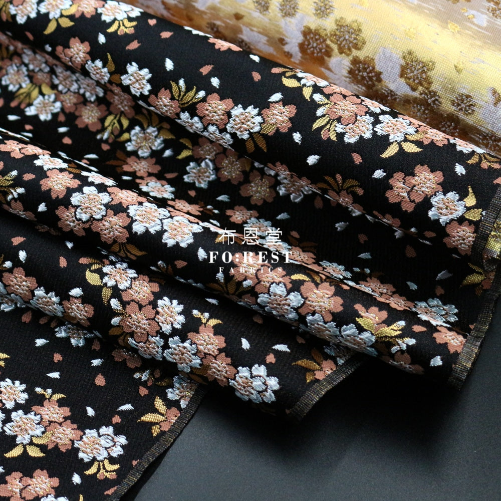 Gold Brocade - Flowing Sakura Fabric Black Polyester