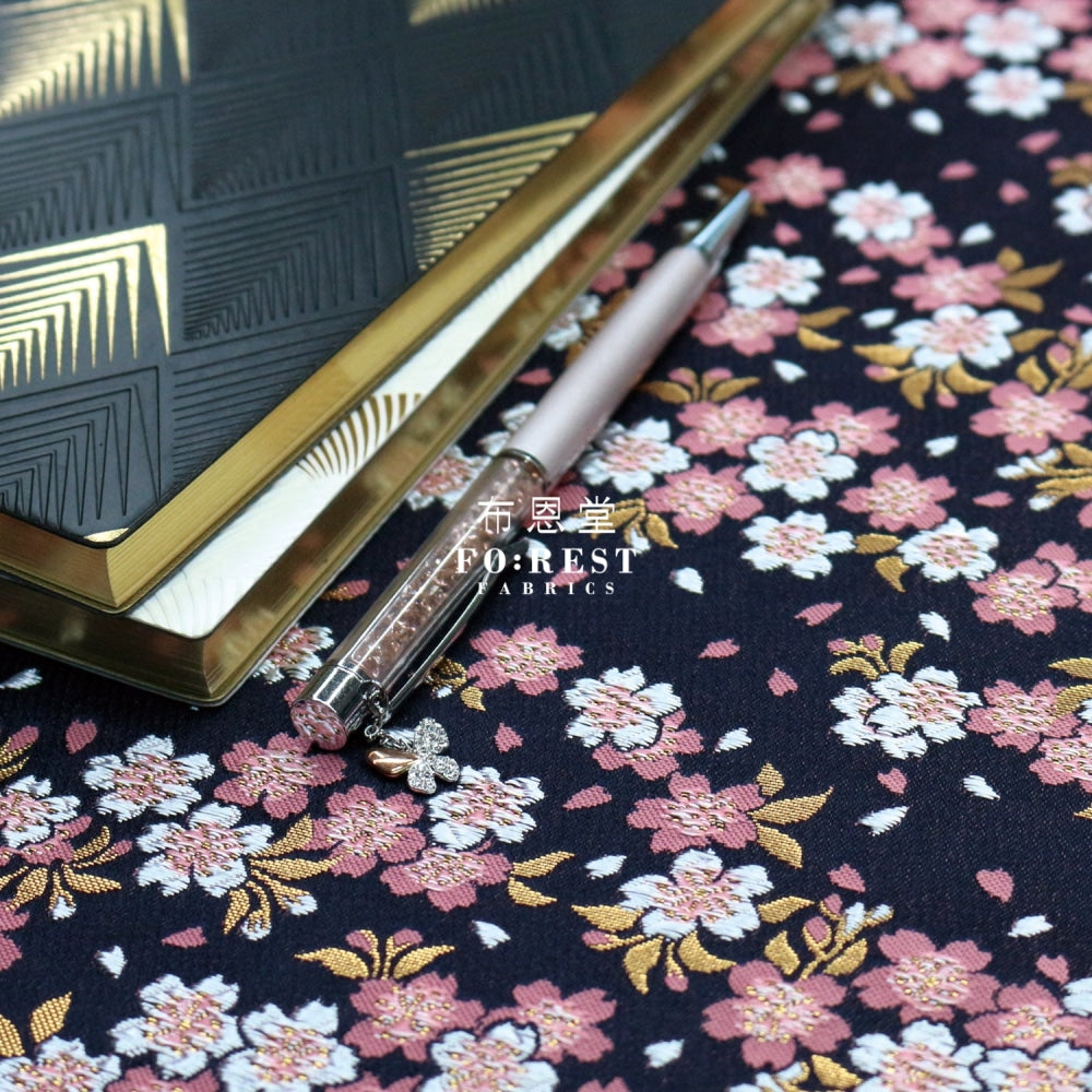 Gold Brocade - Flowing Sakura Fabric Navy Polyester