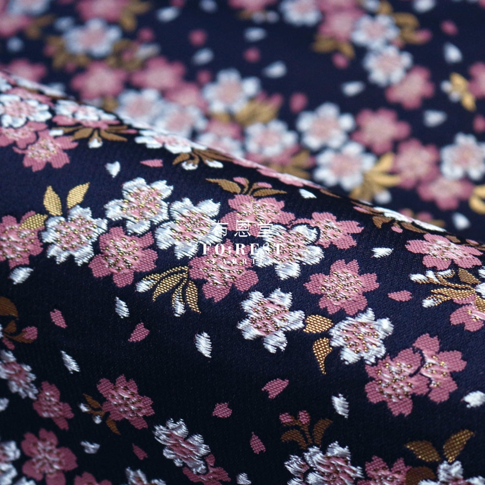 Gold Brocade - Flowing Sakura Fabric Navy Polyester
