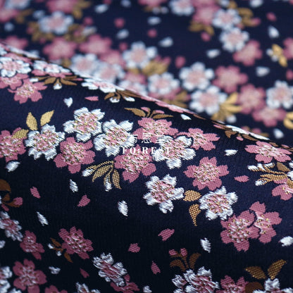 Gold Brocade - Flowing Sakura Fabric Navy Polyester