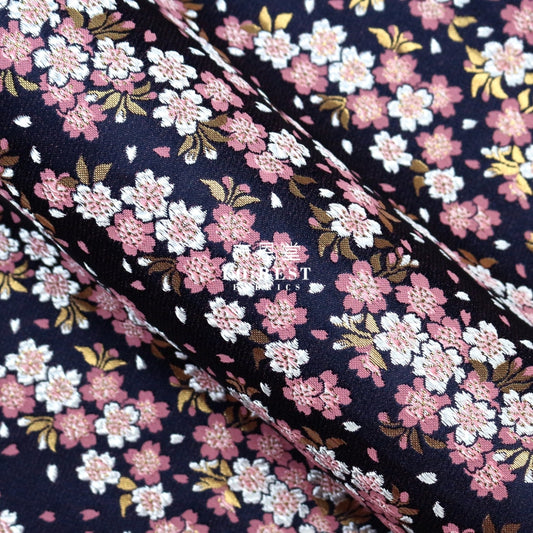 Gold Brocade - Flowing Sakura Fabric Navy Polyester