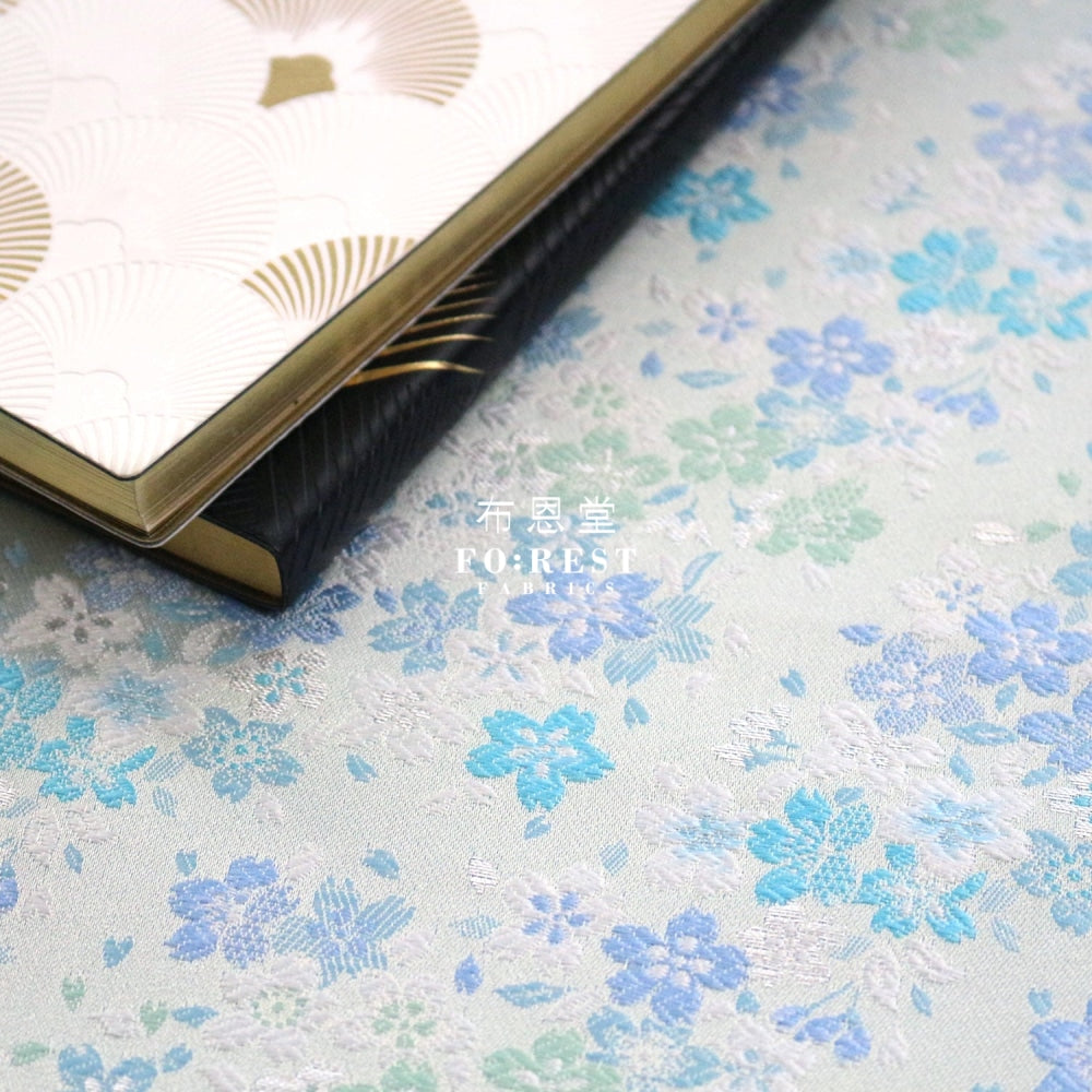 Gold Brocade - Full Of Sakura Fabric Light Blue Polyester