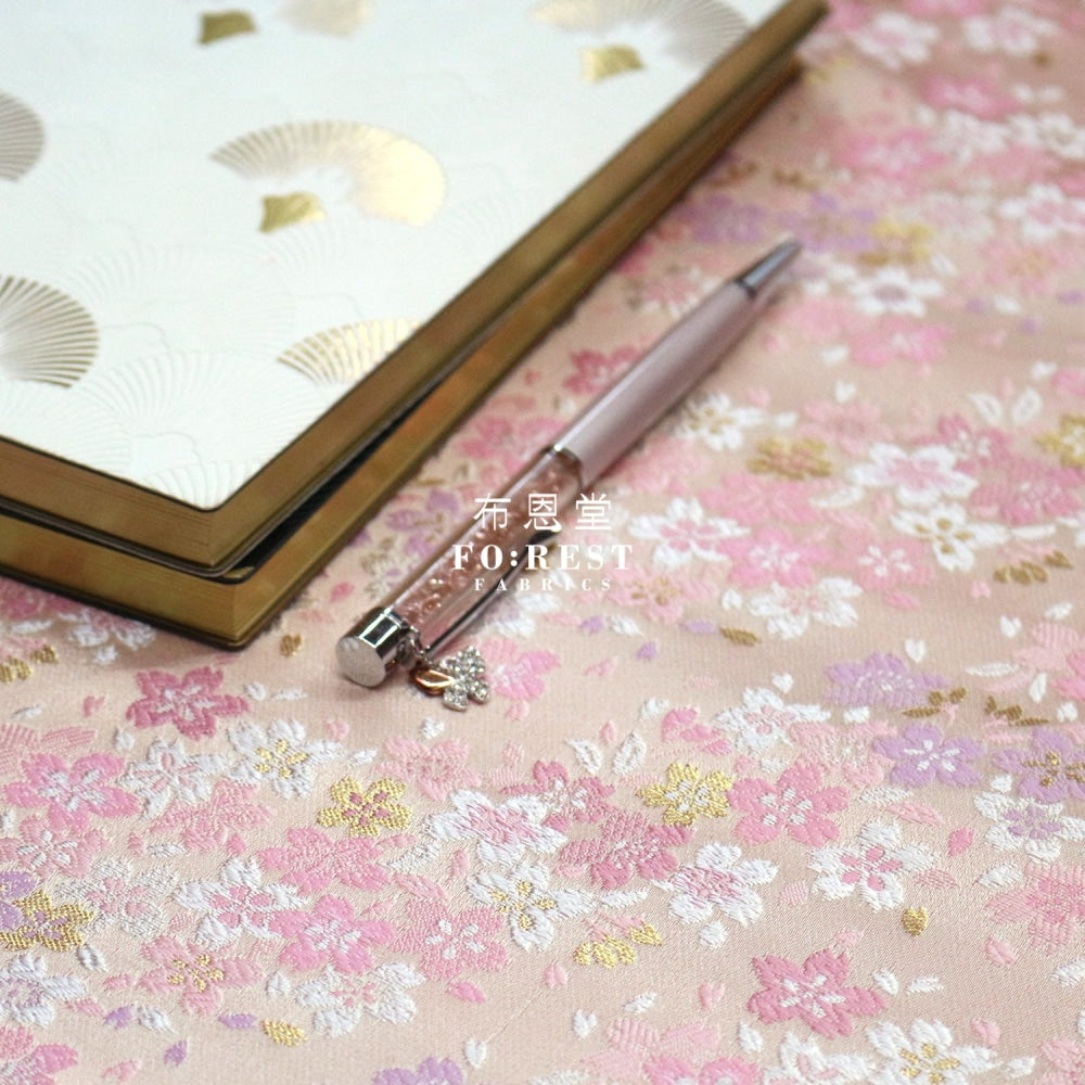 Gold Brocade - Full Of Sakura Fabric Light Pink Polyester