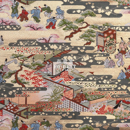 Gold Brocade - Genji Monogatari Emaki Story Fabric 2 Polyester