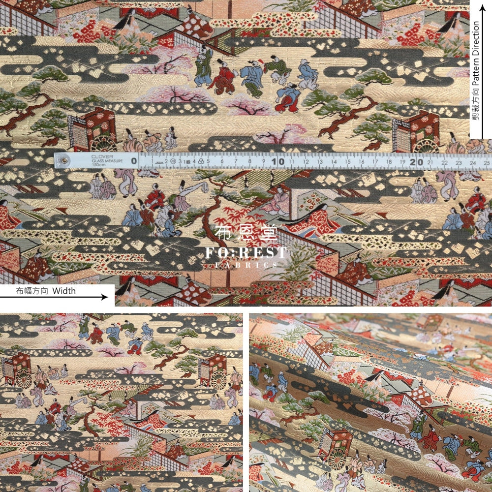 Gold Brocade - Genji Monogatari Emaki Story Fabric 2 Polyester