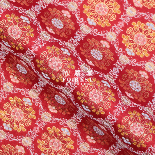 Gold Brocade - Geometric Kinran Fabric Red Polyester