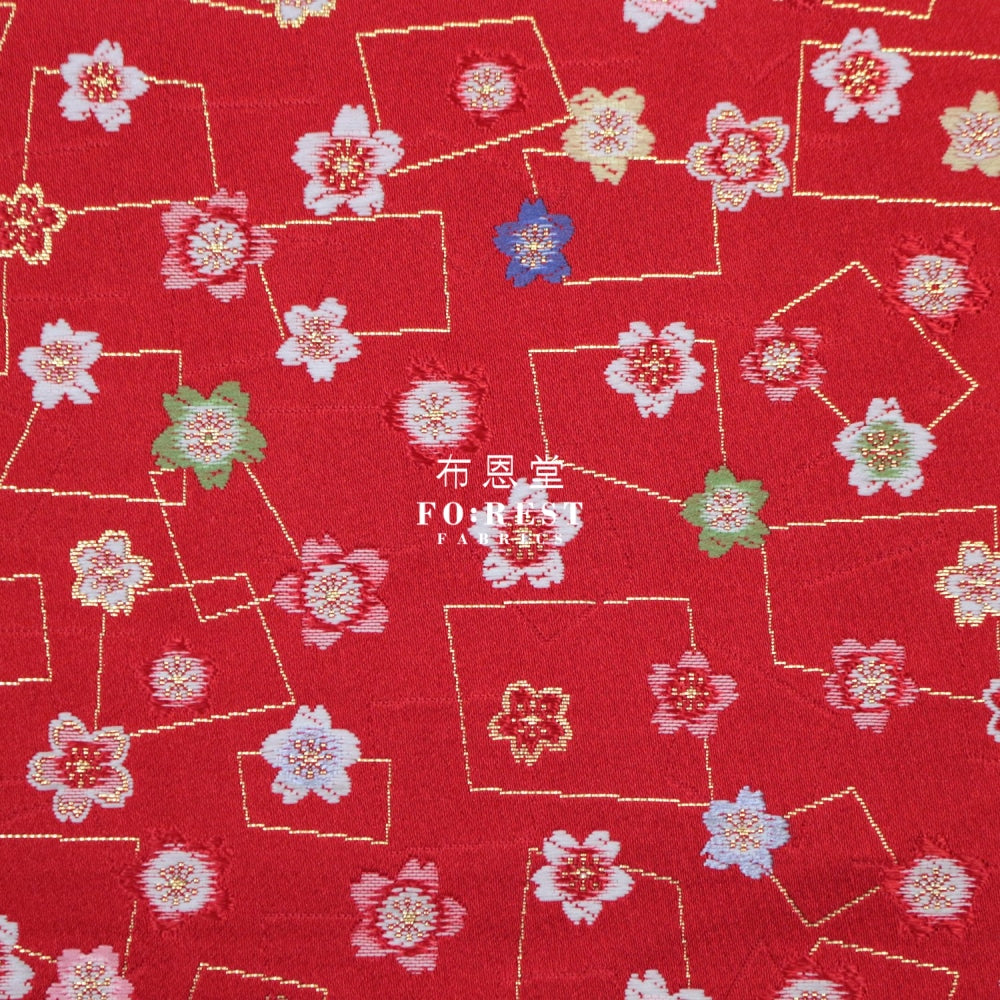 Gold Brocade - Modern Sakura Fabric Red Polyester