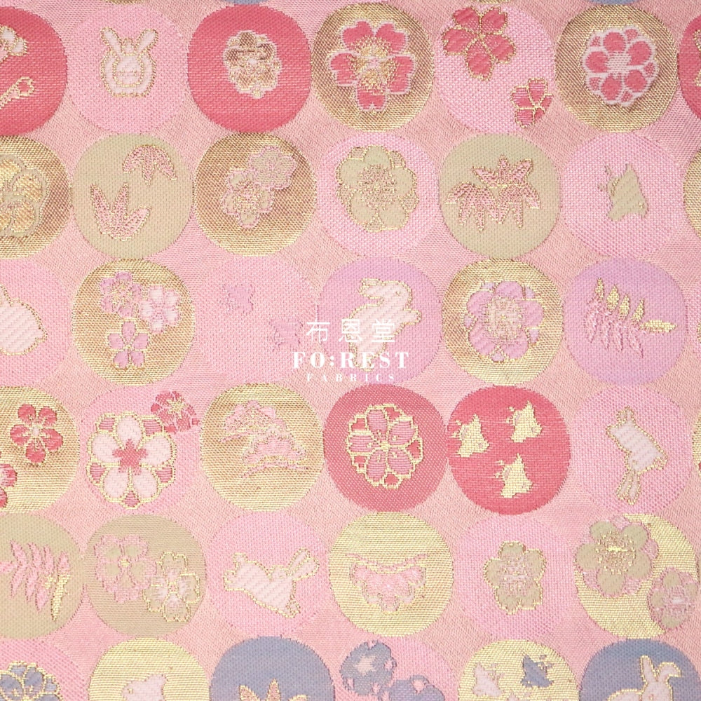 Gold Brocade - Moon Rabbit Fabric Pink Polyester