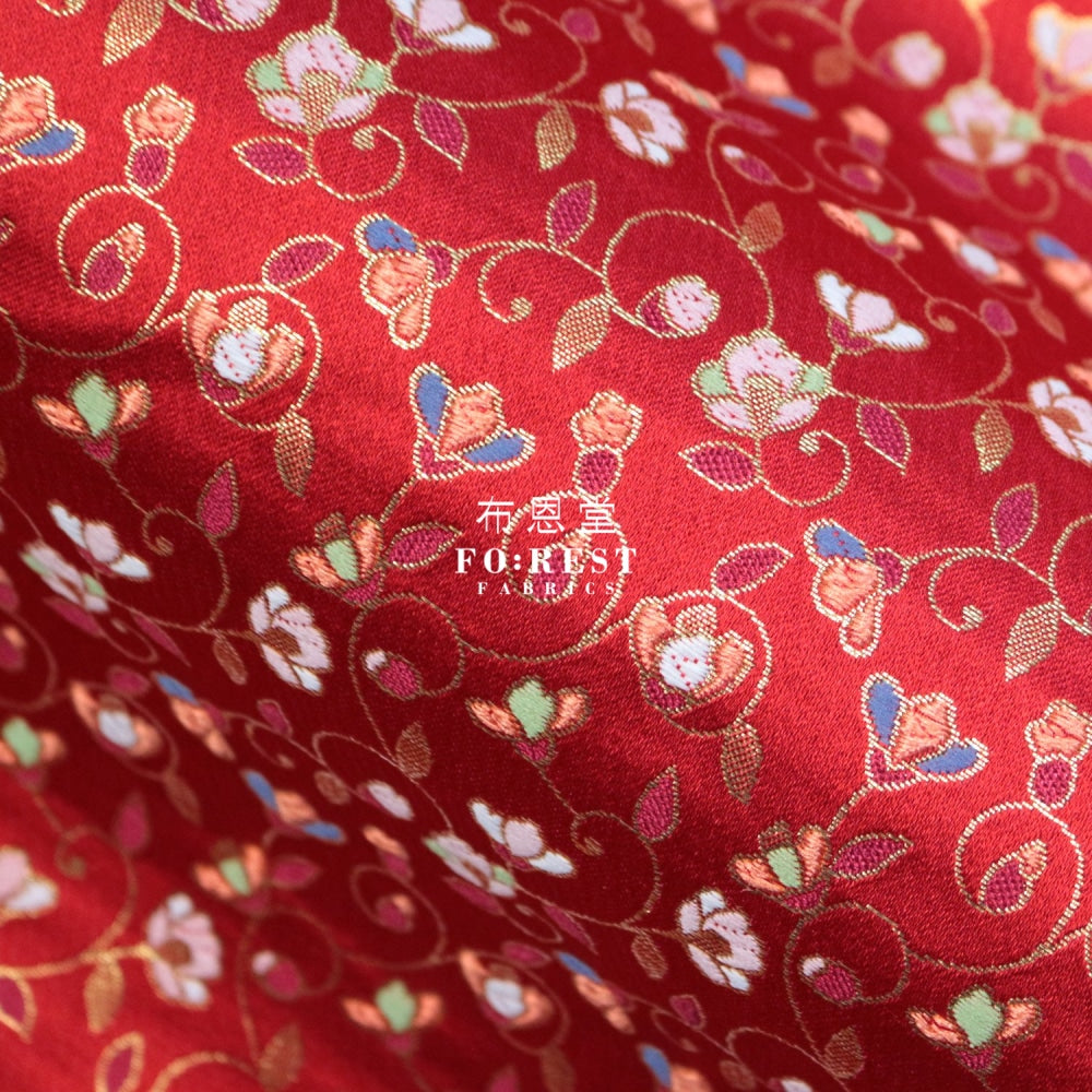 Gold Brocade - Rose Fabric Red Polyester