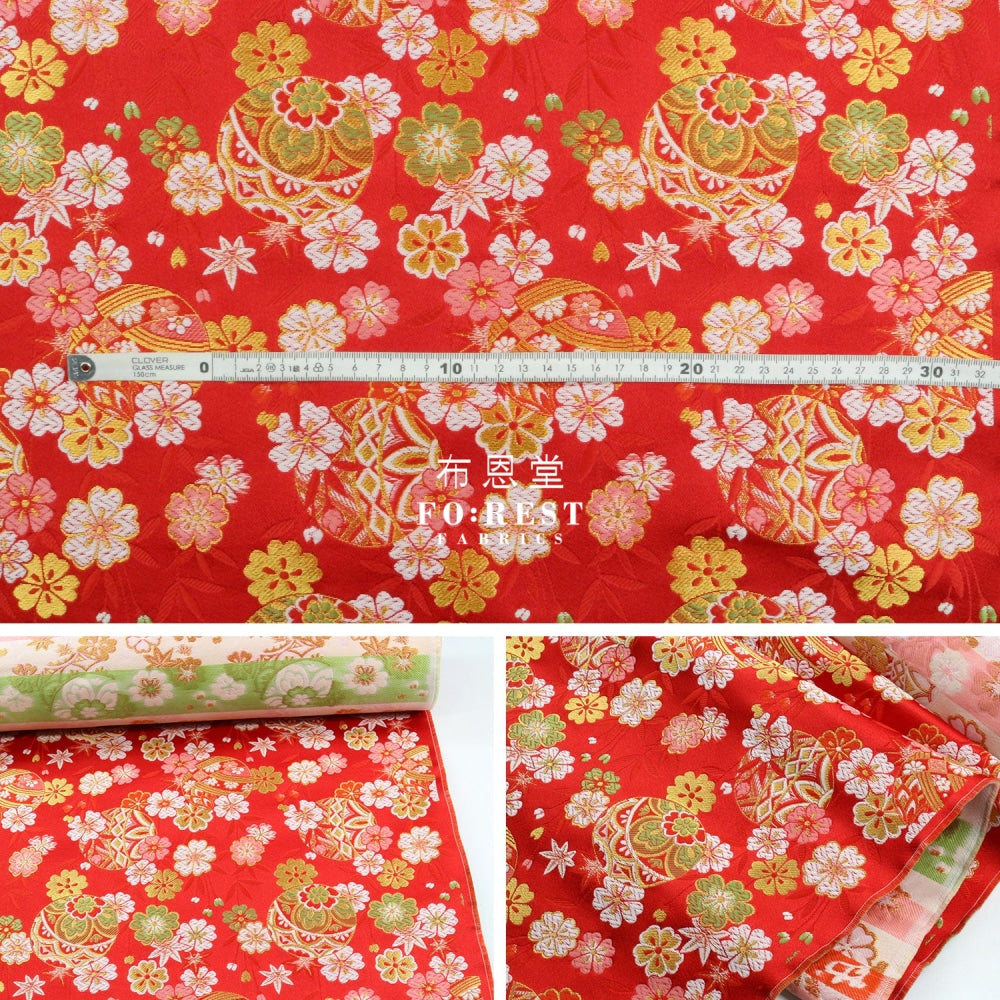 Gold Brocade - Sakura Bamboo Fabric Red Polyester