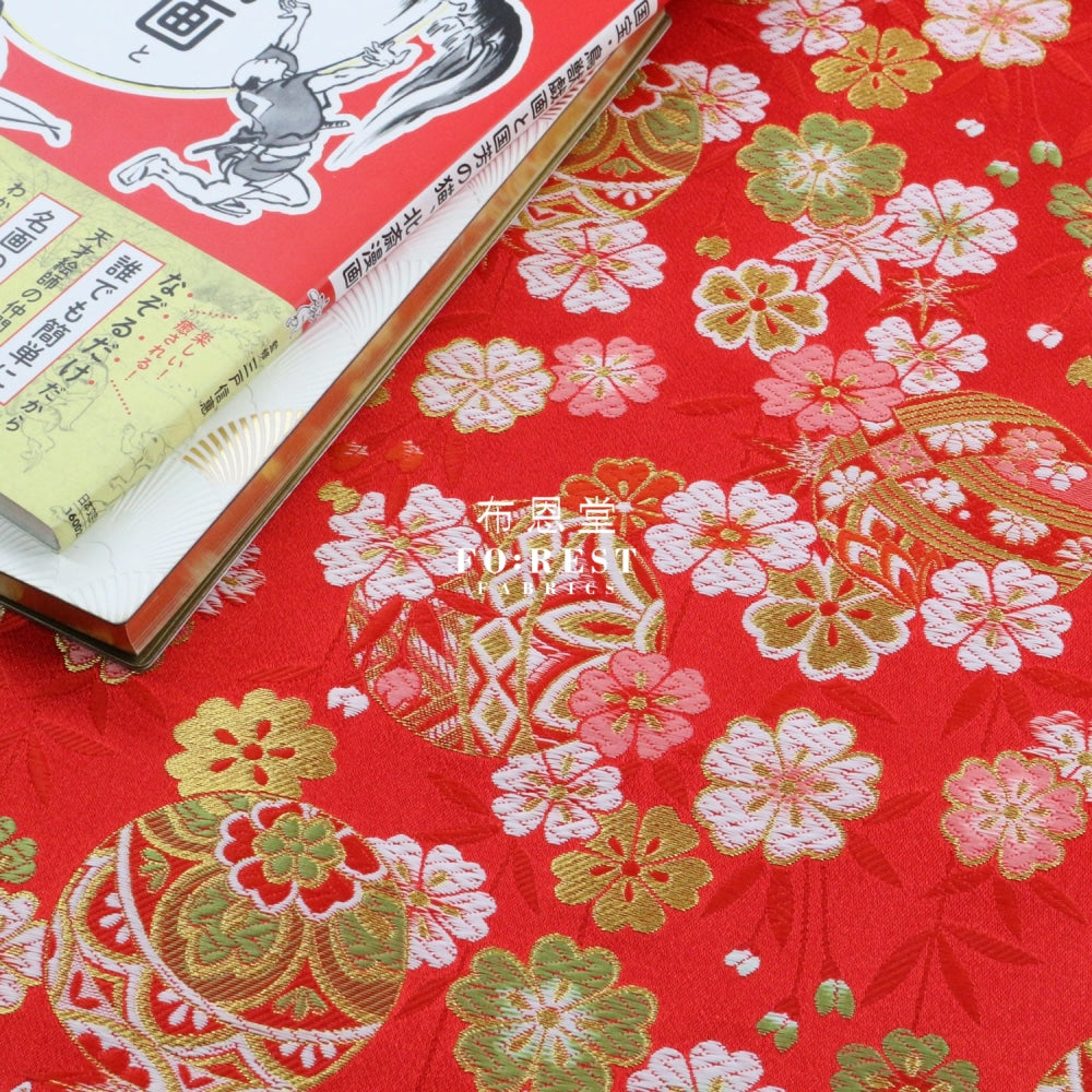 Gold Brocade - Sakura Bamboo Fabric Red Polyester