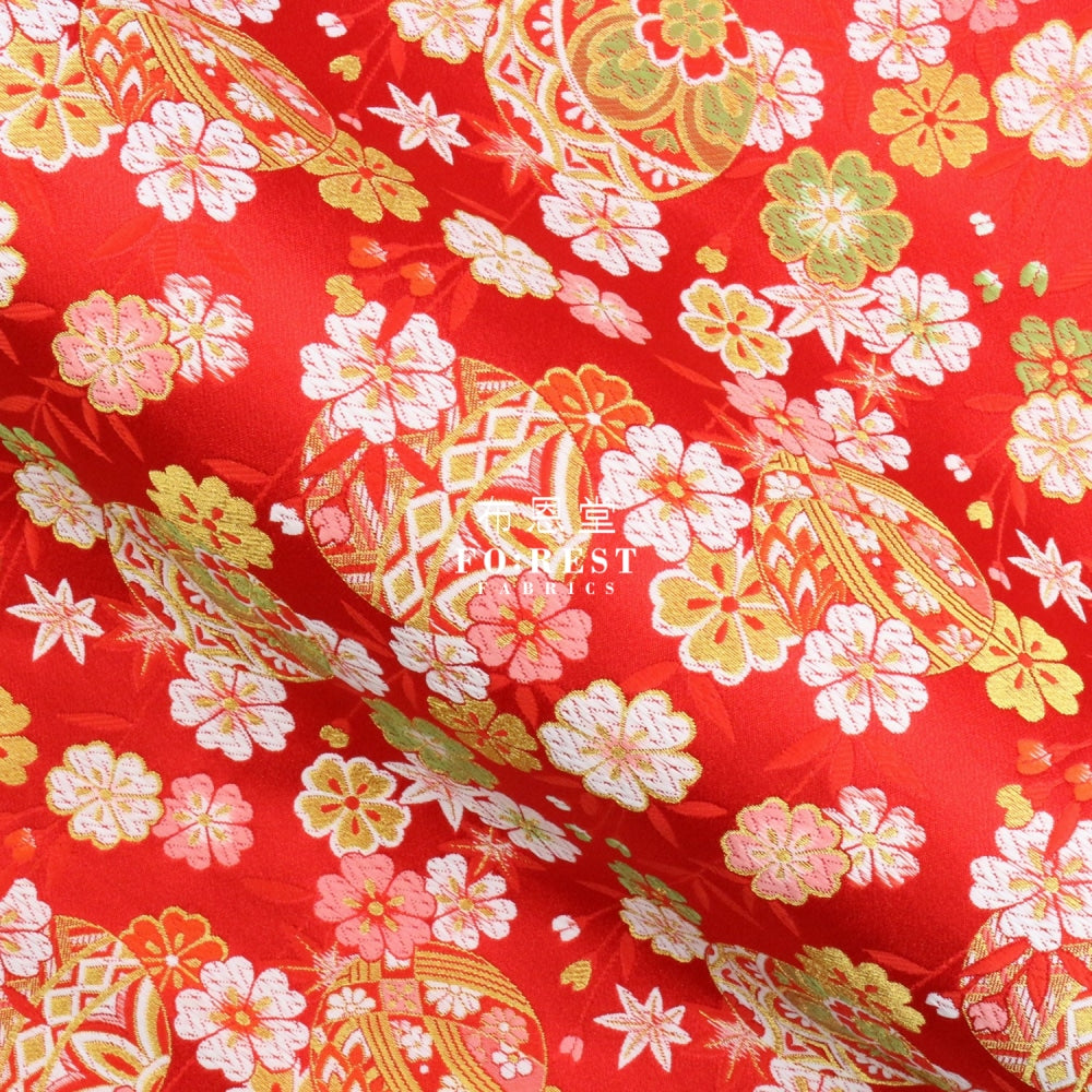 Gold Brocade - Sakura Bamboo Fabric Red Polyester