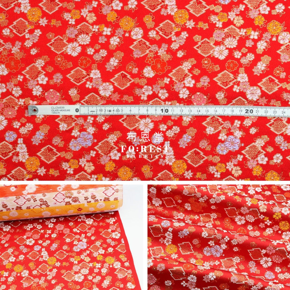 Gold Brocade - Sakura Fabric Red Polyester
