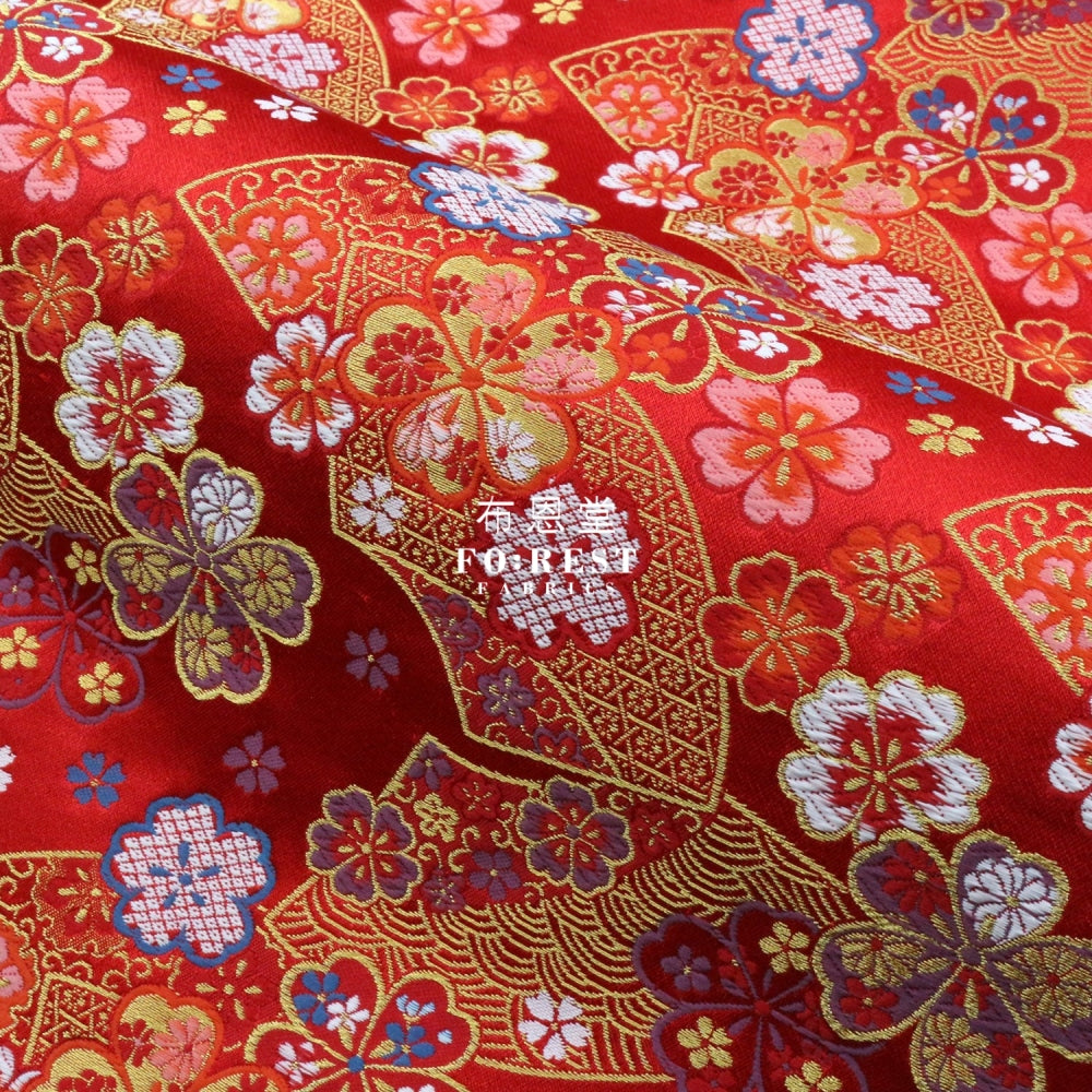 Gold Brocade - Sakura Fan Fabric Red Polyester