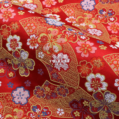 Gold Brocade - Sakura Fan Fabric Red Polyester