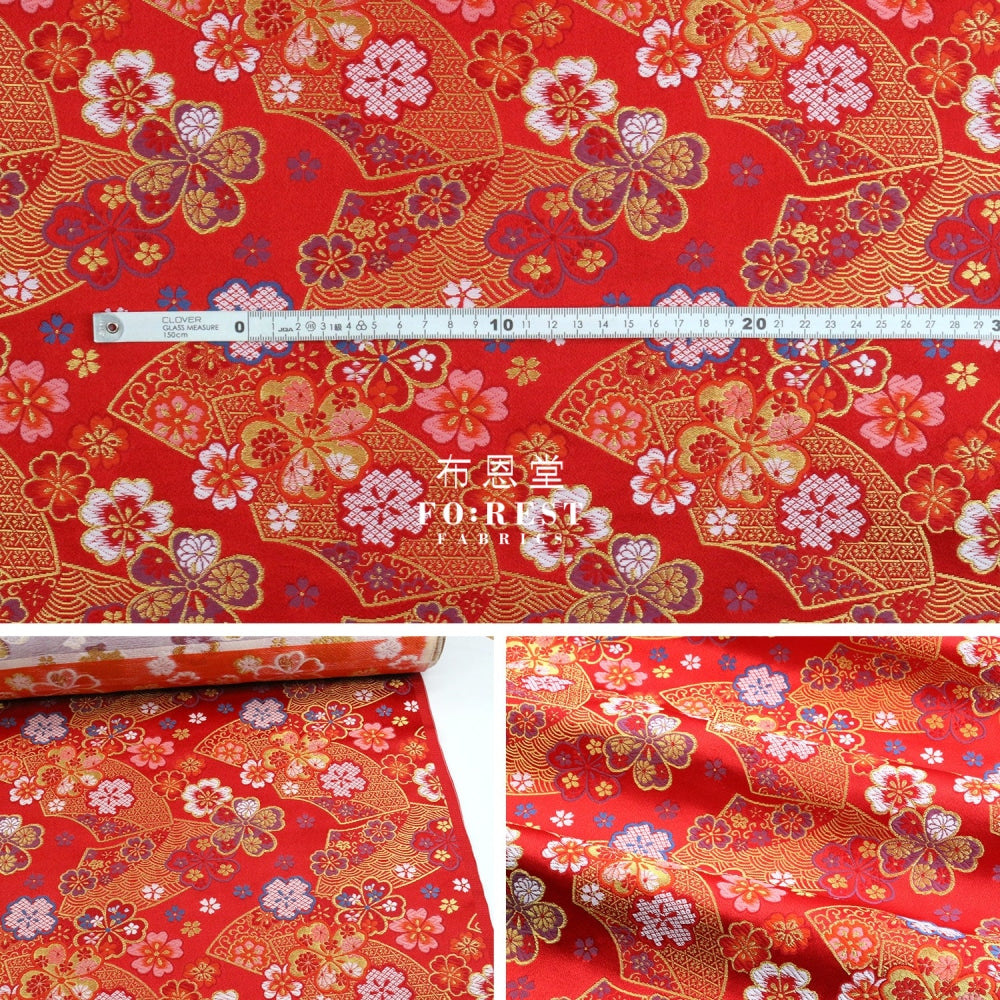 Gold Brocade - Sakura Fan Fabric Red Polyester