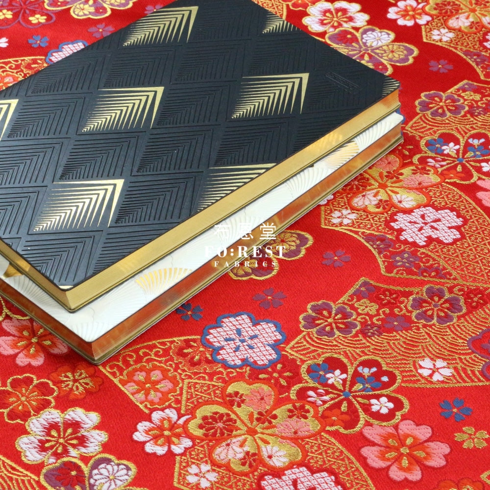 Gold Brocade - Sakura Fan Fabric Red Polyester
