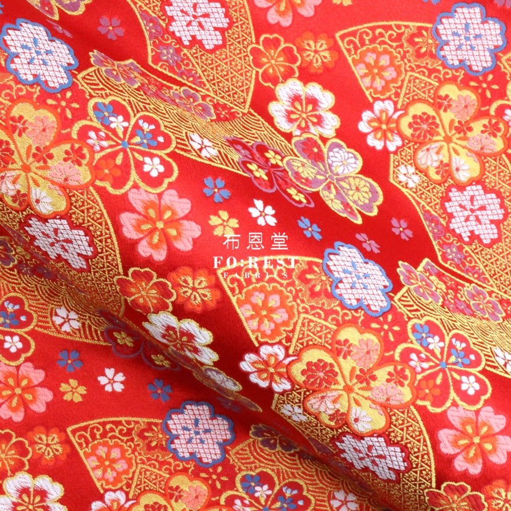 Gold Brocade - Sakura Fan Fabric Red Polyester