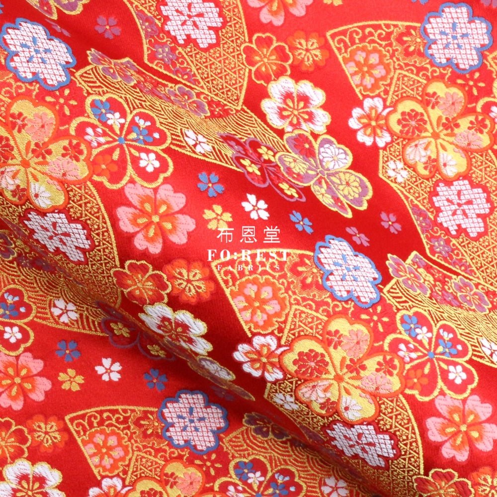 Gold Brocade - Sakura Fan fabric Red - FO:REST Fabric 布恩堂Liberty fabrictana lawnjapanese fabricykk zipper
