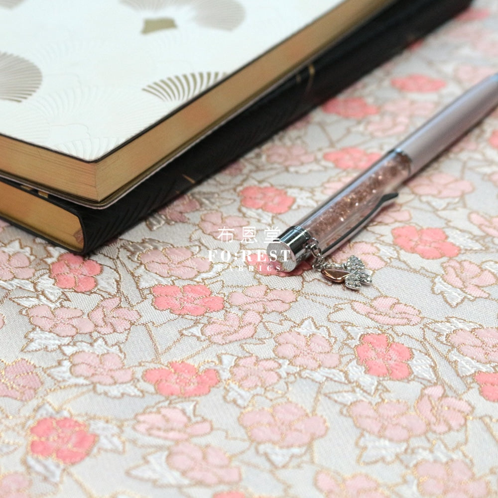 Gold Brocade - Sakura Kaleidoscope Fabric White Polyester