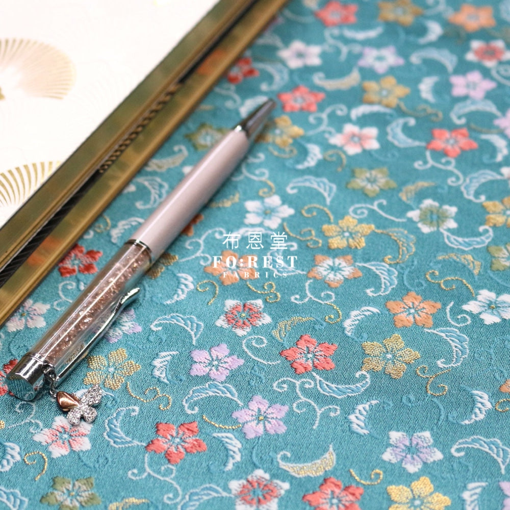 Gold Brocade - Sakura Star Fabric Bluegreen Polyester