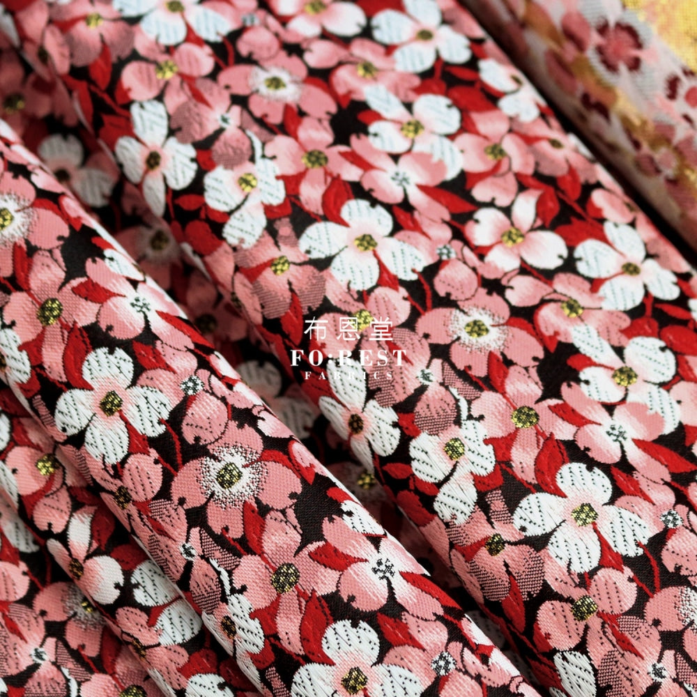 Gold Brocade - Sakura Fabric Red Polyester