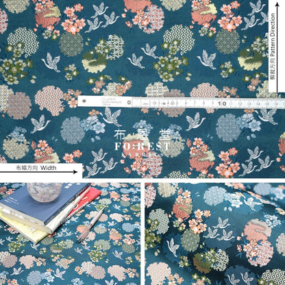 Gold Brocade - Snow Crane Fabric Blue Polyester