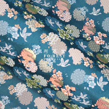 Gold Brocade - Snow Crane Fabric Blue Polyester