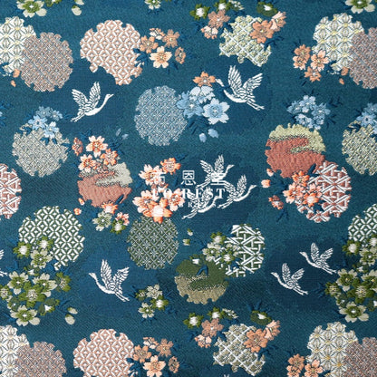 Gold Brocade - Snow Crane Fabric Blue Polyester