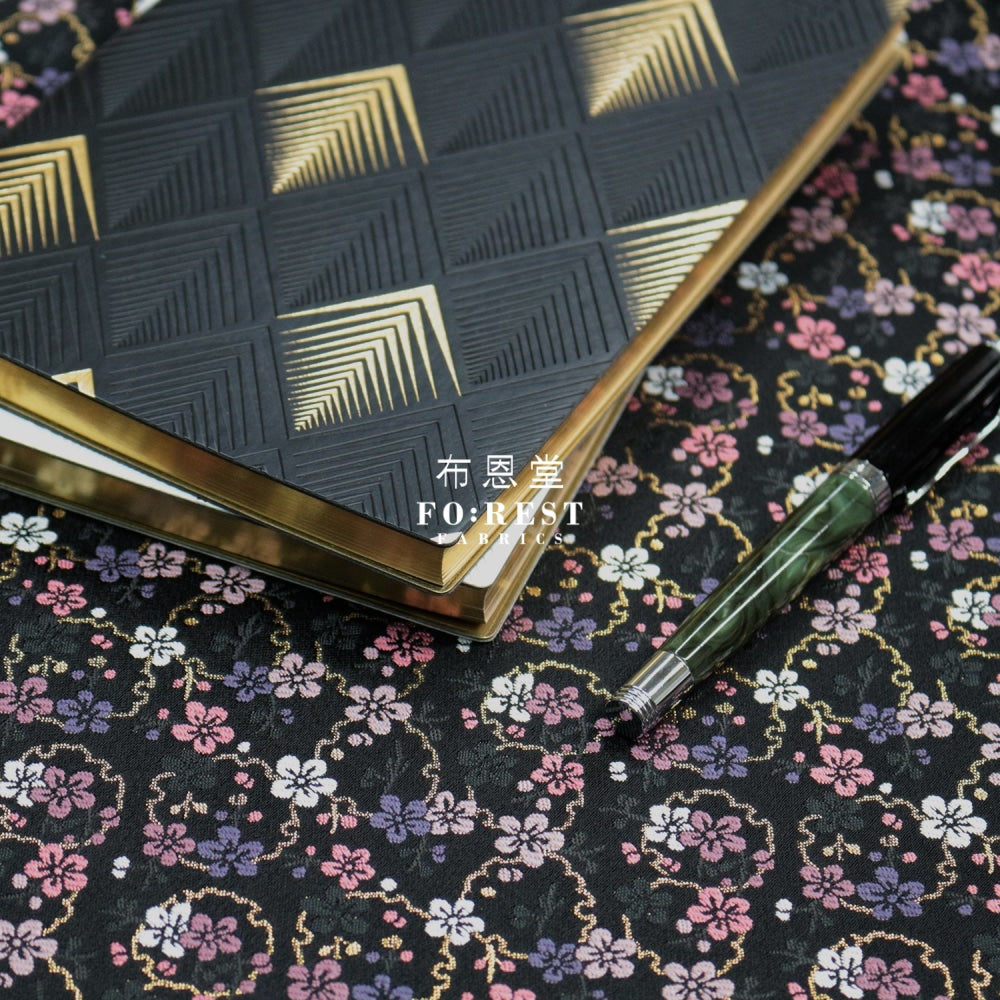 Gold Brocade - Snow Flower Fabric Black Polyester