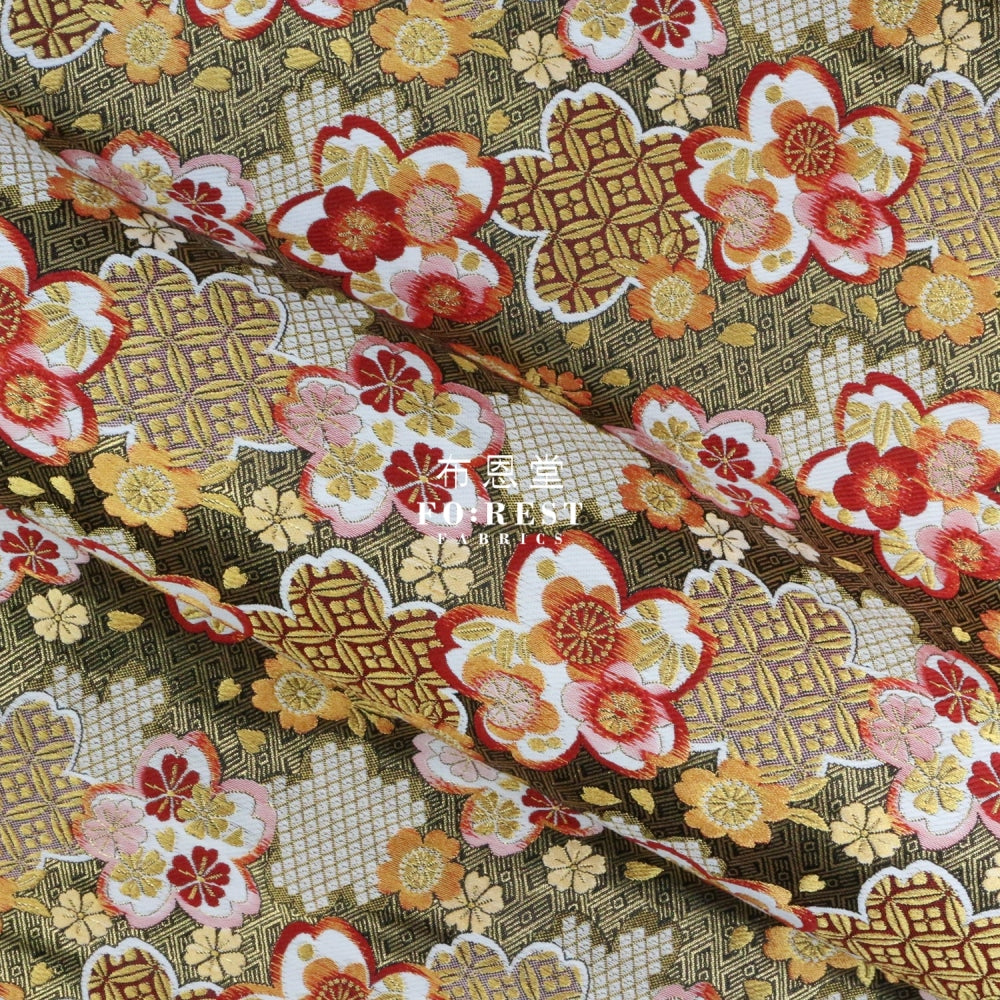 Gold Brocade - Snow Sakura Fabric Black Polyester