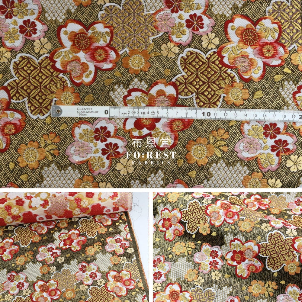 Gold Brocade - Snow Sakura Fabric Black Polyester