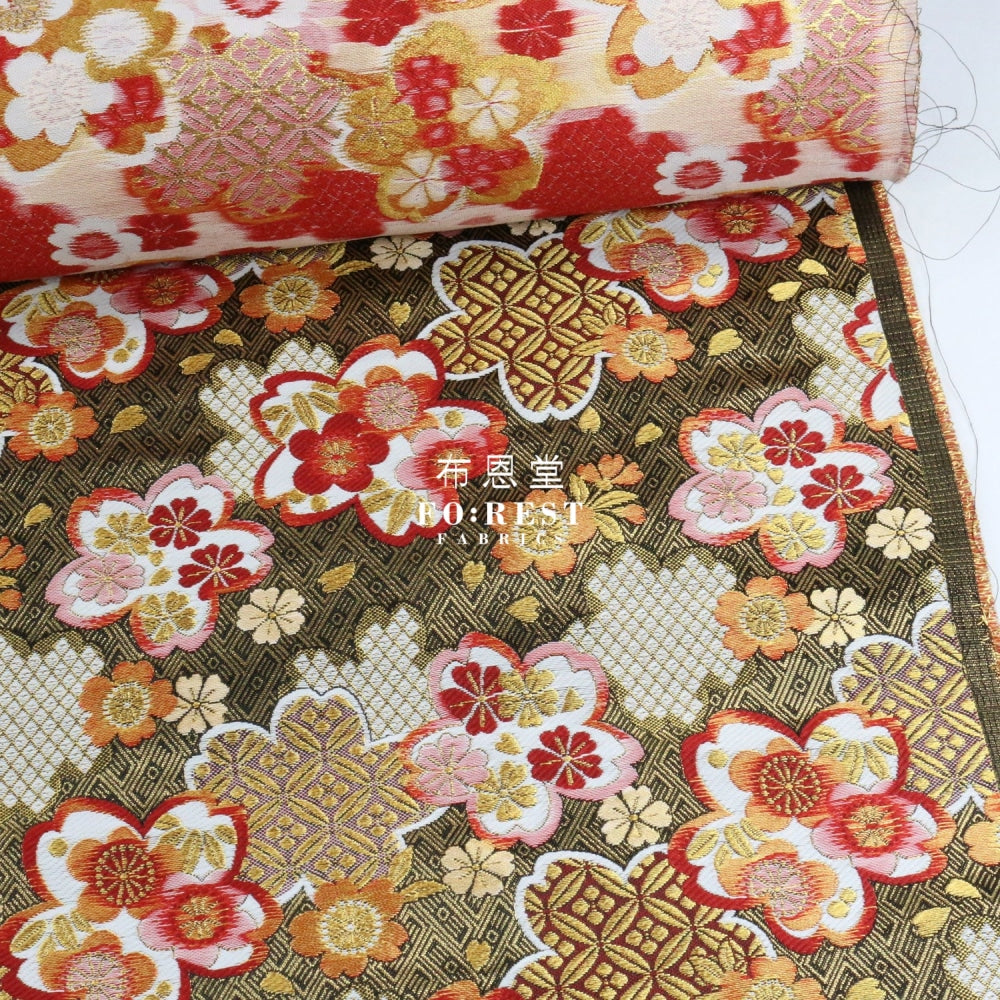 Gold Brocade - Snow Sakura Fabric Black Polyester