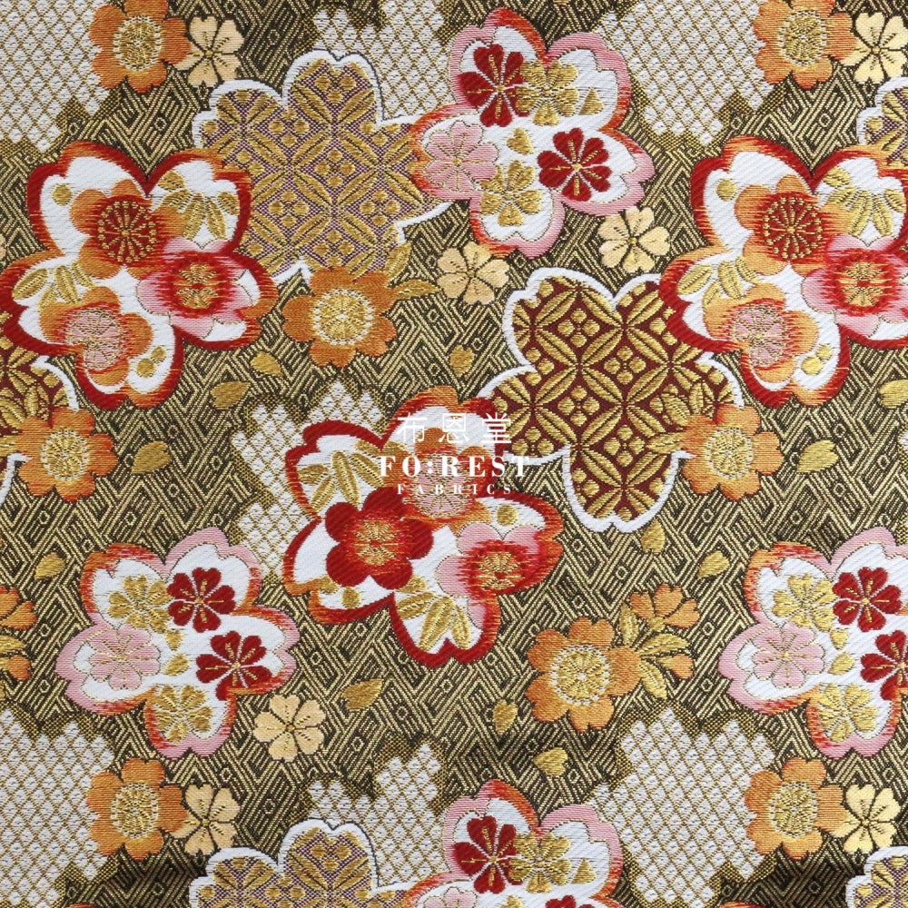 Gold Brocade - Snow Sakura Fabric Black Polyester
