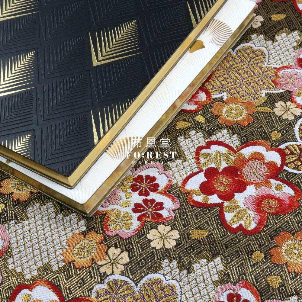 Gold Brocade - Snow Sakura Fabric Black Polyester
