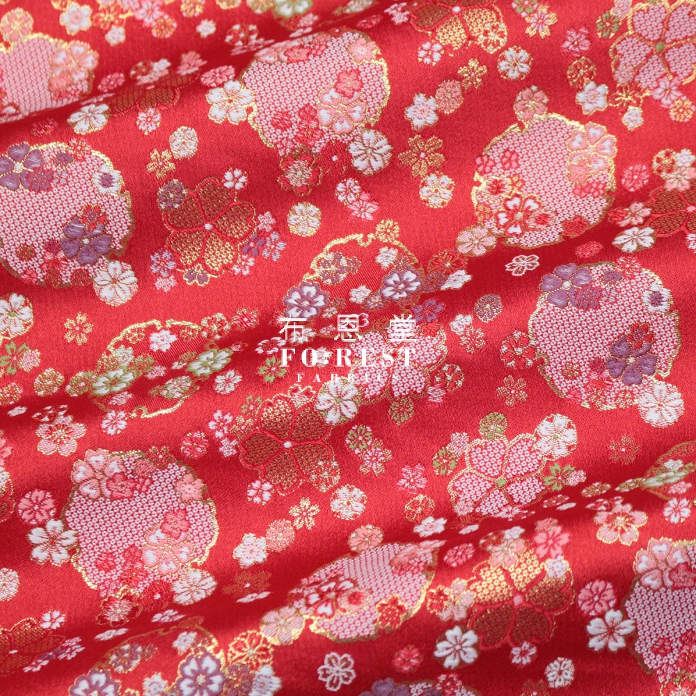 Gold Brocade - Snow Fabric Red Polyester