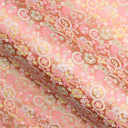 Gold Brocade - Star Flower Fabric Pink Polyester