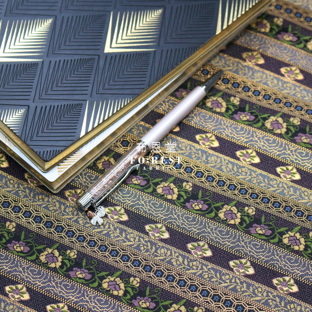 Gold Brocade - Tradition Strip Flower Fabric Polyester