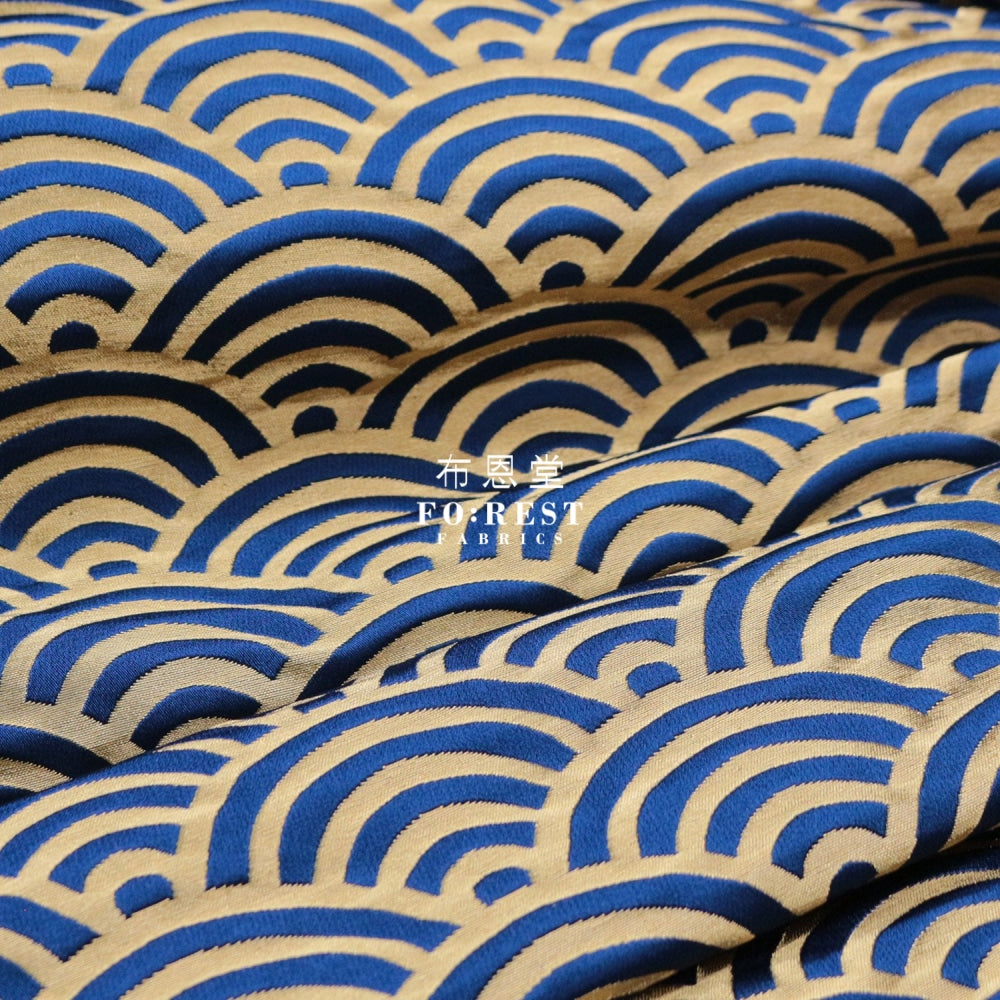 Gold Brocade - Traditional Wave Fabric Blue Polyester