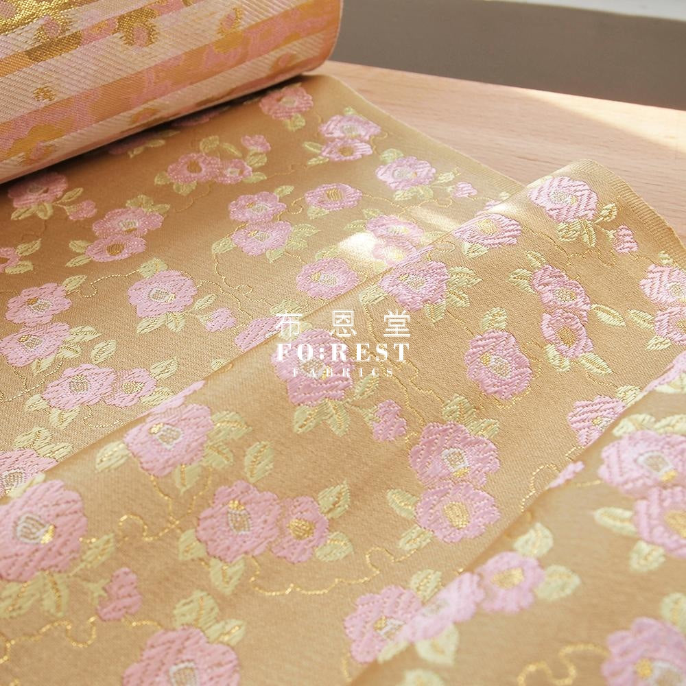 Gold Brocade - Tsubaki Flower Fabric Champagne Polyester