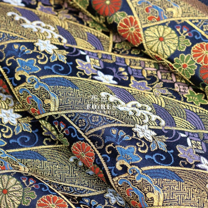 Gold Brocade - Wave flower fabric Blue - FO:REST Fabric 布恩堂Liberty fabrictana lawnjapanese fabricykk zipper