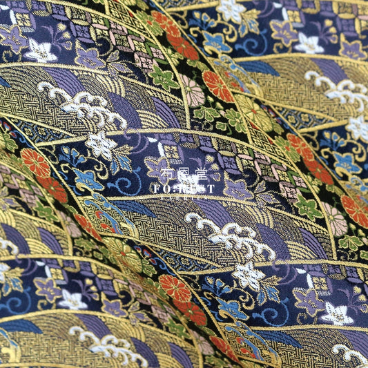 Gold Brocade - Wavecurve Flower Fabric Blue Polyester