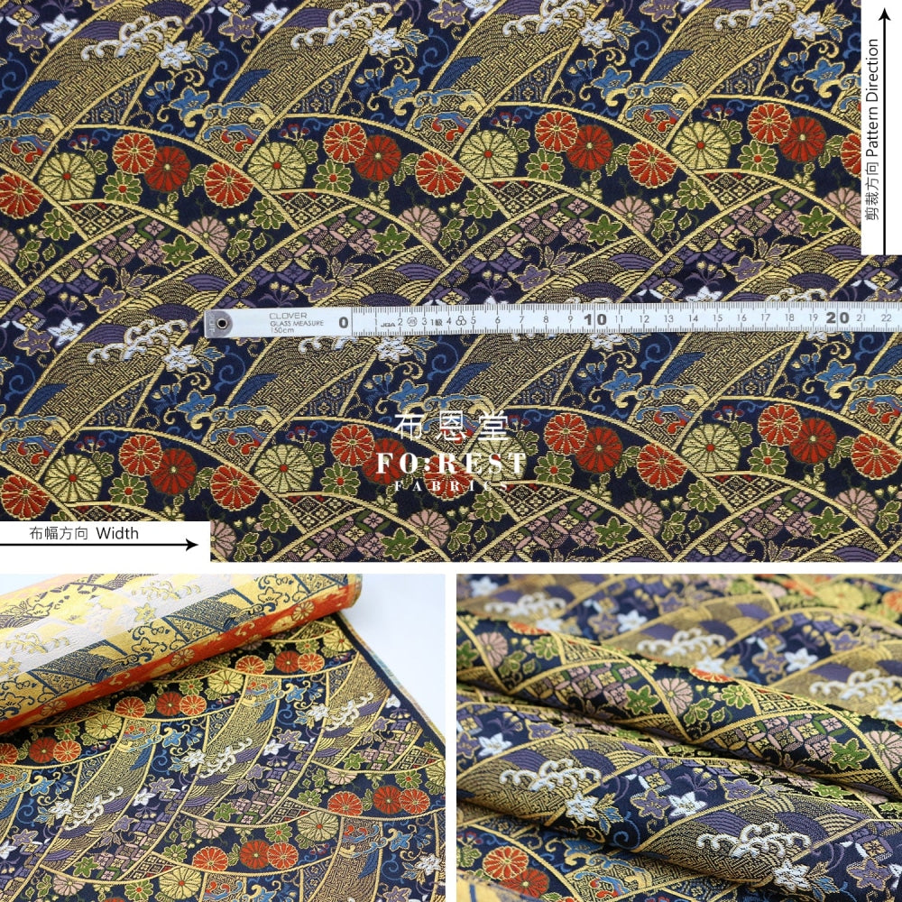 Gold Brocade - Wavecurve Flower Fabric Blue Polyester