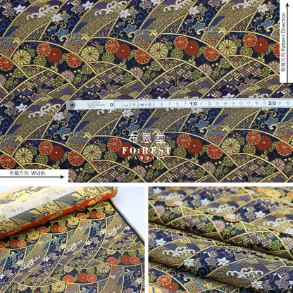 Gold Brocade - Wavecurve Flower Fabric Blue Polyester