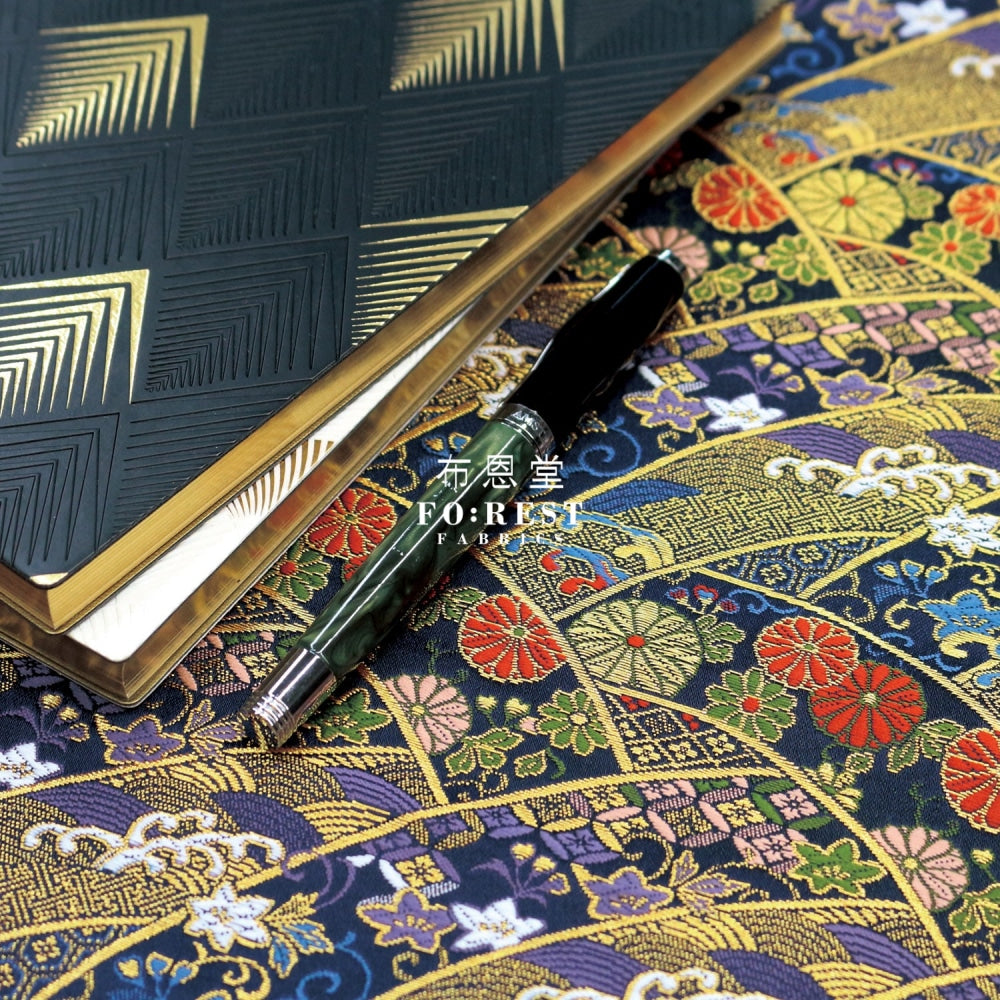 Gold Brocade - Wavecurve Flower Fabric Blue Polyester