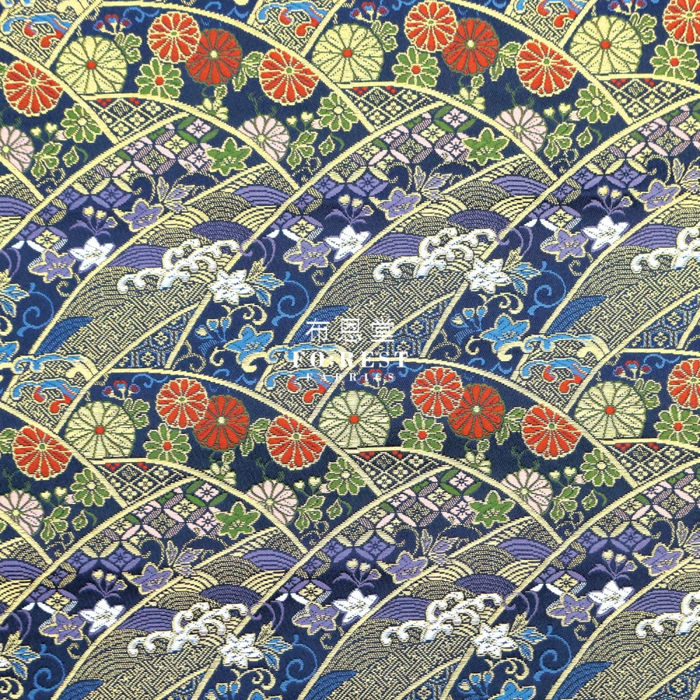 Gold Brocade - Wavecurve Flower Fabric Blue Polyester