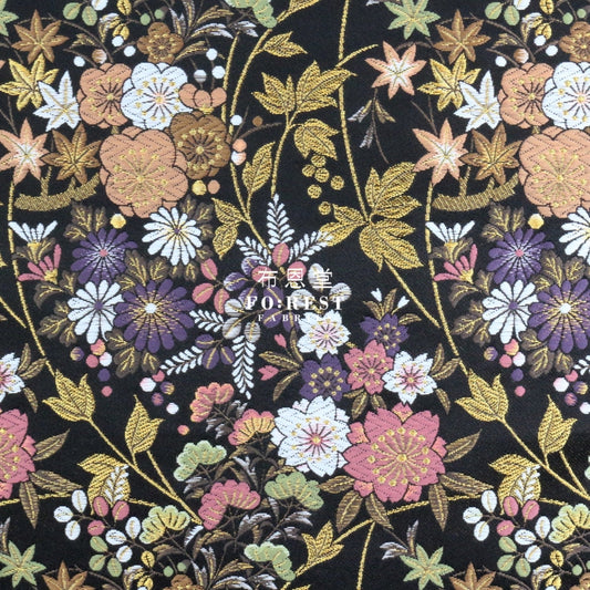 Gold Brocade - Wild Flower Fabric Black Polyester