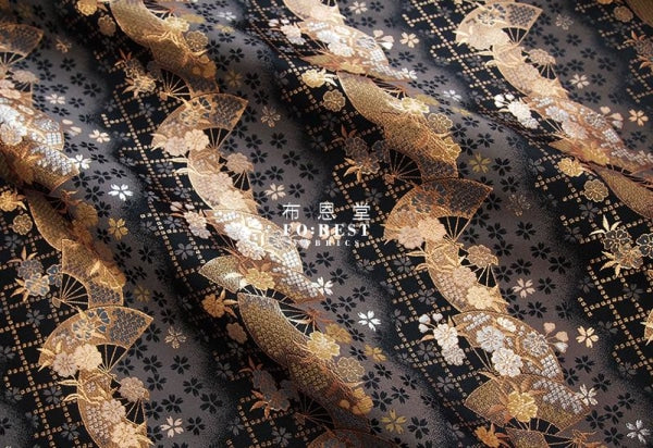 金らん "KINRAN" - Mindnight sakura 赤櫻黒扇 gold brocade fabric Black - forest-fabric