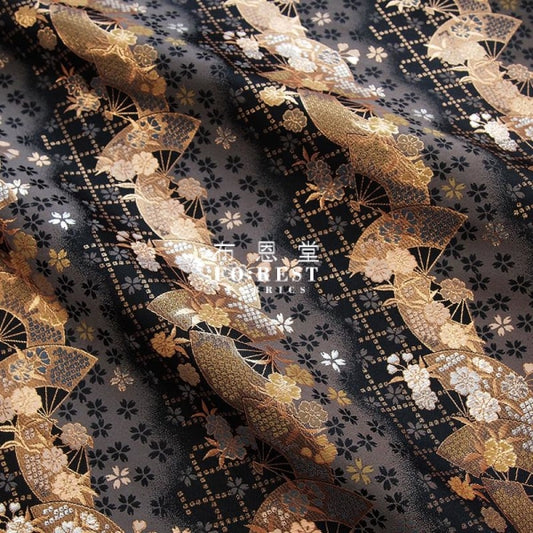 金らん "KINRAN" - Mindnight sakura 赤櫻黒扇 gold brocade fabric Black - forest-fabric